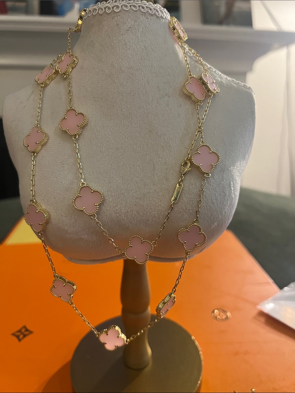 Pink Clover-Style Long Necklace in Gold Tone